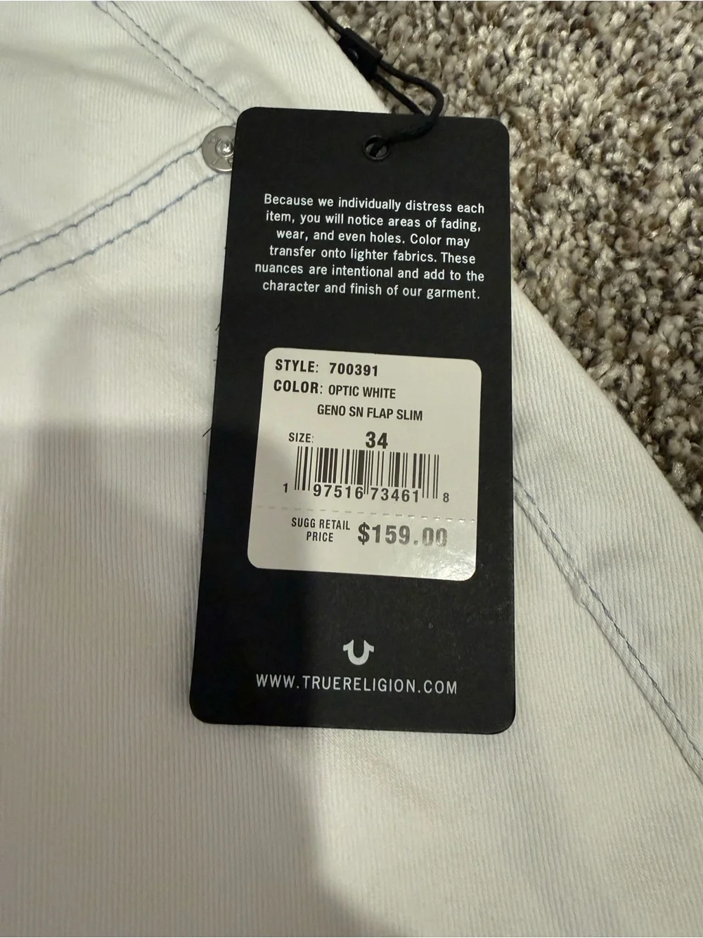 True Religion Geno Super T Slim Flap Jeans NWT White Size 34